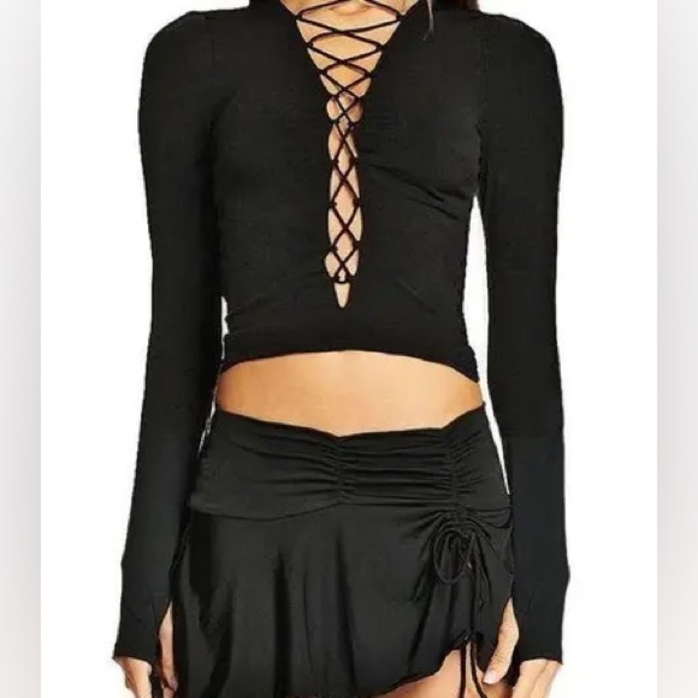 IAMGIA Devin Long Sleeve Lace Up Top Black Plunging Neckline